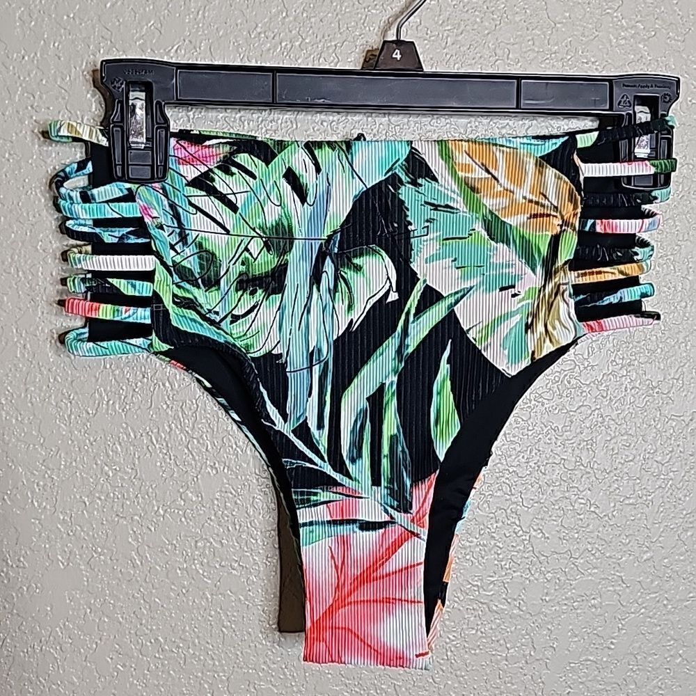 NWOT TINIbikini Small tropical‎ black floral high waist cheeky bottom